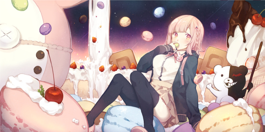 1girl, backpack, bag, bangs, berries, black_legwear, blush, braid