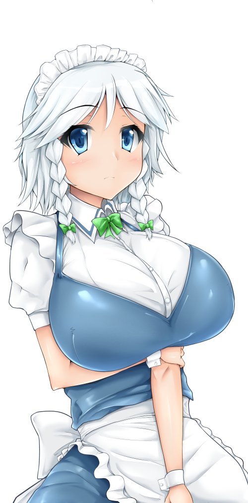 1girl, apron, apron_grab, arm_grab, blue_dress, blue_eyes, bow, braid