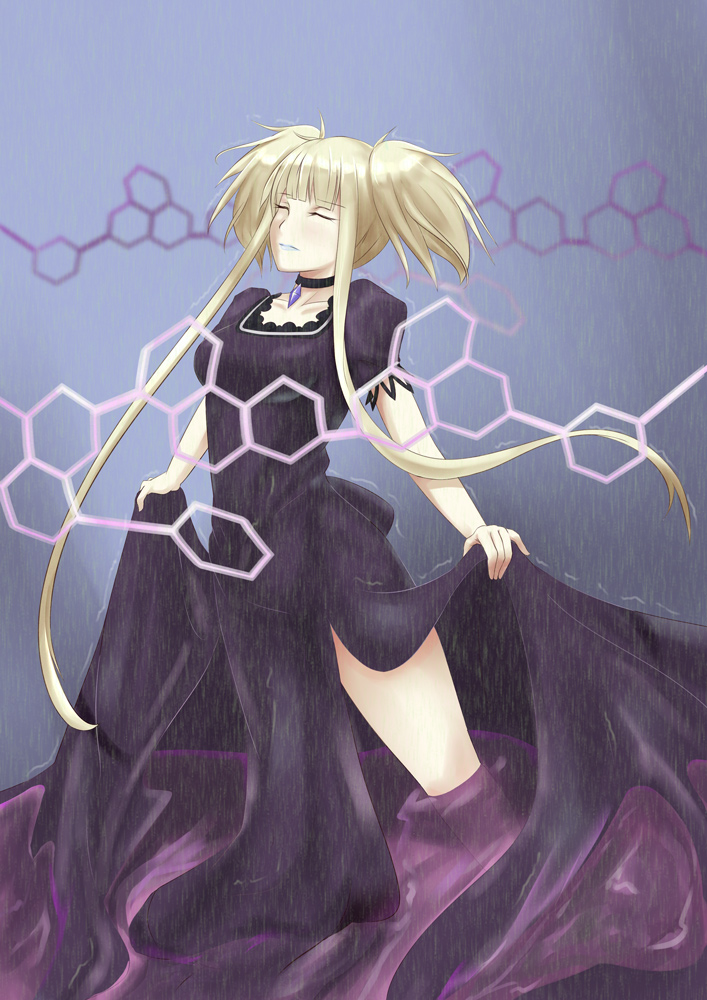 1girl, aoki_hagane_no_arpeggio, blonde_hair, blue_lipstick, choker, closed_eyes, dress, hex_grid