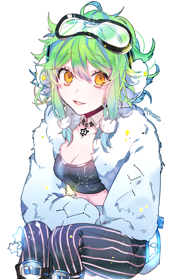 1girl, bangs, belt, breasts, cleavage, constellation, cropped_jacket, detached_collar, earmuffs, fur_trim, green_hair, gumi, hair_ornament, looking_at_viewer, midriff, orange_eyes, parted_lips, piyo_(ppotatto), short_hair, simple_background, sitting, smile, solo, star, star_print, starry_sky_print, striped, text, vocaloid, white_background