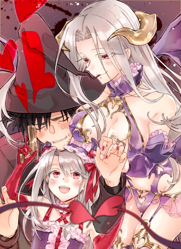 1boy, 2girls, albino, demon_girl, demon_horns, demon_tail, demon_wings, emiya_kiritsugu
