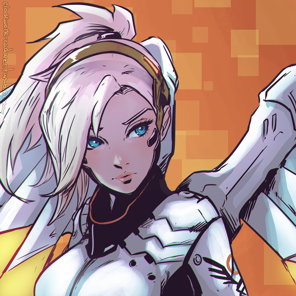 1girl, angela_ziegler, bangs, blue_eyes, clockwork-cadaver, headband, jumpsuit, mercy_(overwatch), overwatch, solo, white_hair, wings