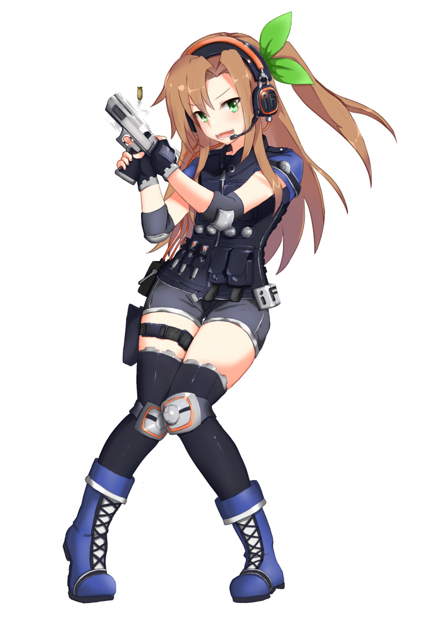 1girl, alternate_costume, boots, bow, brown_hair, choujigen_game_neptune, green_eyes, gun, hair_bow, hair_ornament, handgun, headset, highres, if_(choujigen_game_neptune), load_bearing_vest, long_hair, neptune_(series), open_mouth, pistol, solo, weapon, zabioz