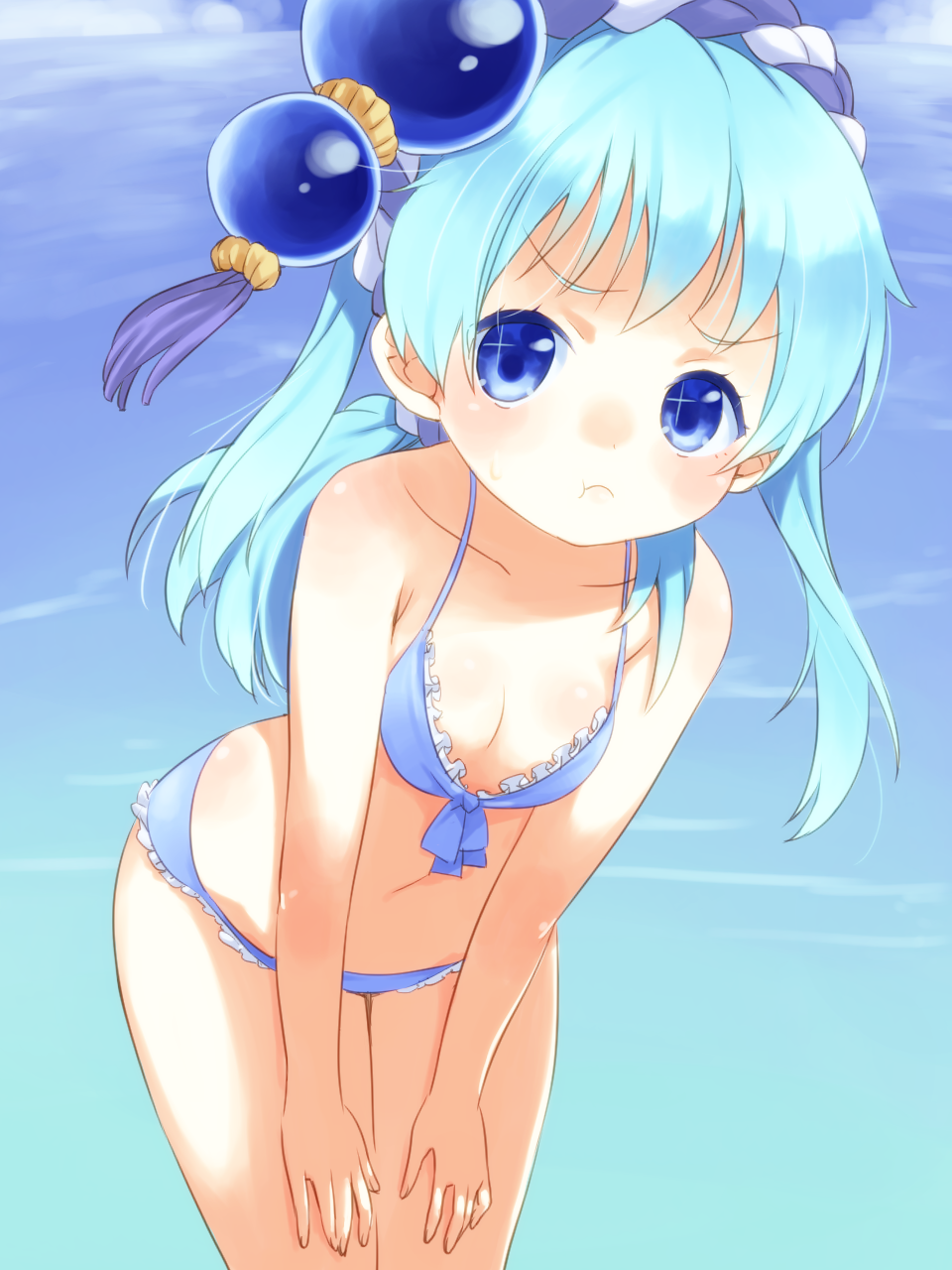 1girl, angry, bikini, blue_eyes, breasts, cleavage, commentary, frilled_bikini