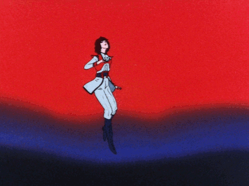 1girl, 80s, animated, animated_gif, antennae, arming_doublet, armor, black_hair
