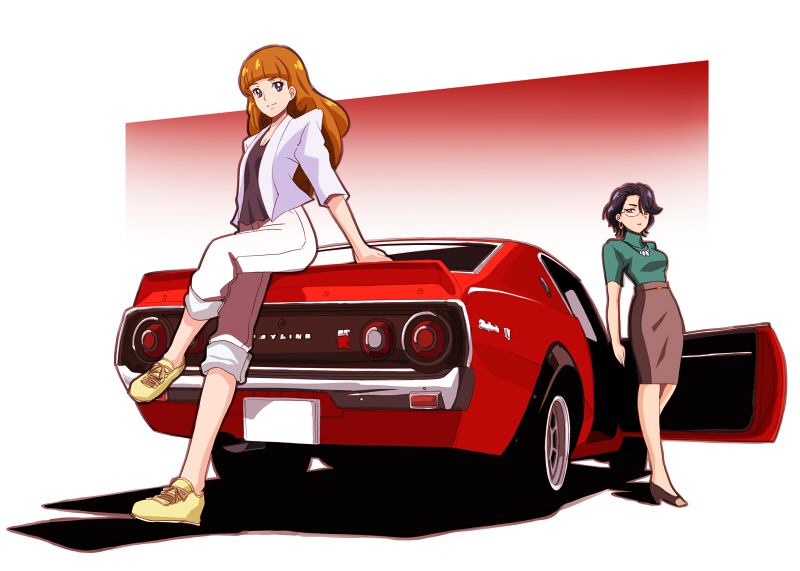2girls, amanogawa_stella, black_eyes, black_hair, blazer, blue_eyes, breasts, brown_hair