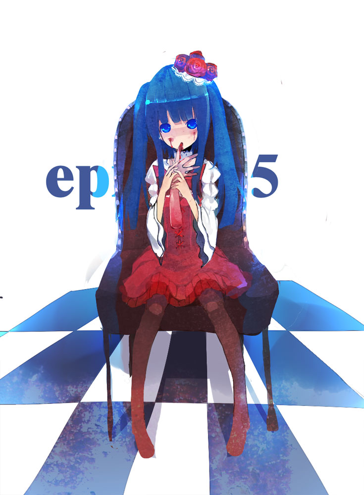 blood, blue_eyes, blue_hair, checkered, choker, colxy, dress, furudo_erika