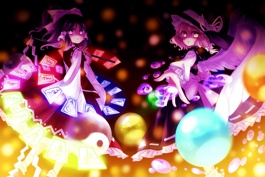 2girls, angel_wings, black_hair, blonde_hair, bow, braid, hair_bow, hair_tubes
