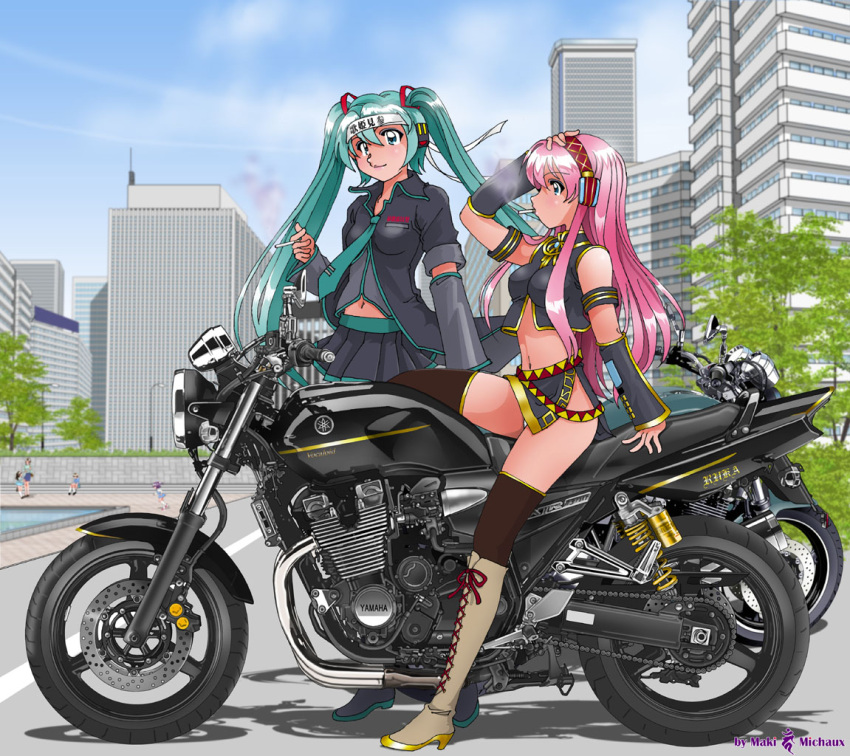 aqua_eyes, aqua_hair, blue_eyes, boots, cigarette, cityscape, detached_sleeves, hatsune_miku