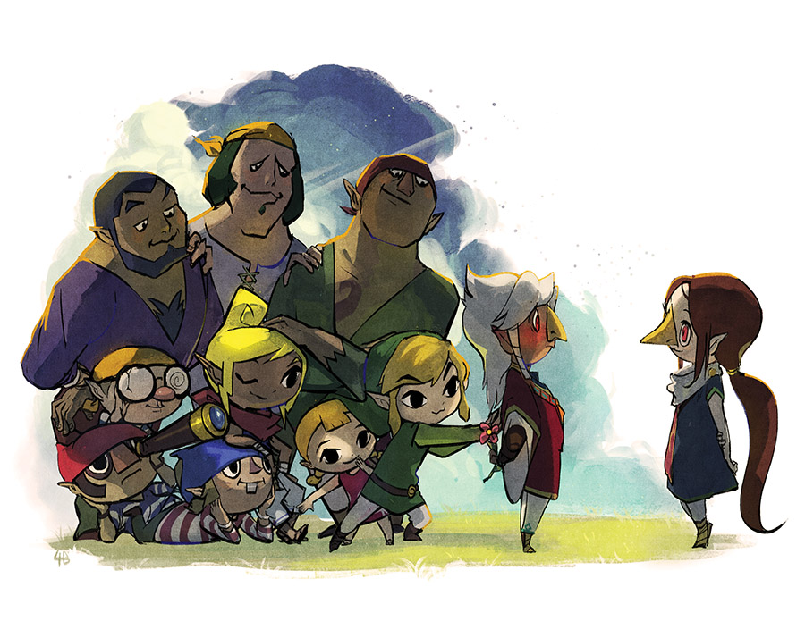3girls, 6+boys, :3, arms_behind_back, aryll, beak, biahnyang, blush, brown_hair, flower, gonzo_(wind_waker), holding, holding_flower, komali, link, long_hair, mako_(wind_waker), medli, multiple_boys, multiple_girls, niko_(wind_waker), nudge_(wind_waker), pirate, pointy_ears, rito, senza_(wind_waker), telescope, tetra, the_legend_of_zelda, the_legend_of_zelda:_the_wind_waker, toon_link, white_hair, zuko_(wind_waker)