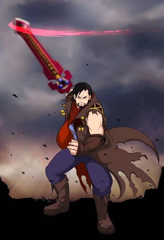 1boy, bare_shoulders, beard, black_hair, boots, detached_sleeves, facial_hair, garo:honoo_no_kokuin, garo_(series), male_focus, rafael_banderas, short_hair, solo, sword, trench_coat, weapon