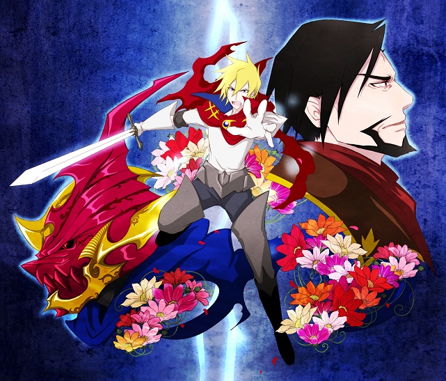 2boys, alfonso_san_valiante, armor, bare_shoulders, beard, belt, black_hair, blonde_hair, blue_eyes, boots, cape, facial_hair, flower, gaia_(garo:honoo_no_kokuin), garo:honoo_no_kokuin, garo_(series), multiple_boys, rafael_banderas, short_hair, spiky_hair, sword, vest, weapon