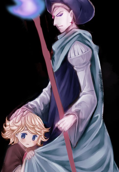 2boys, alfonso_san_valiante, big_hat, blonde_hair, blue_eyes, cape, child, earrings, garo:honoo_no_kokuin, garo_(series), hat, jewelry, mendoza_(garo:honoo_no_kokuin), multiple_boys, robe, short_hair, spiky_hair, staff, tug, younger