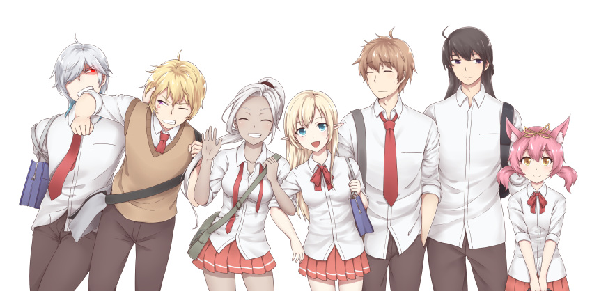 3girls, 47_(479992103), 4boys, :d, absurdres, ahoge, anger_vein, angry