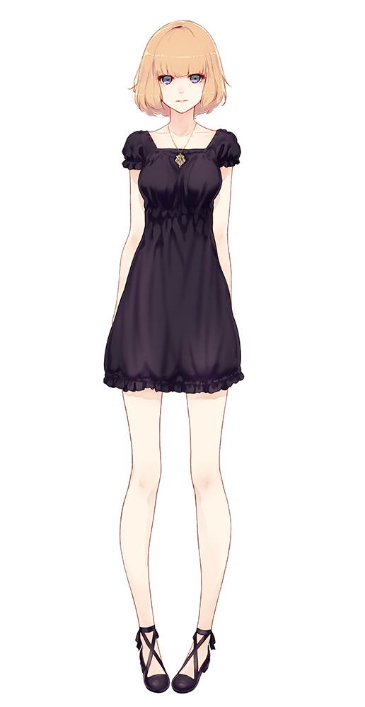 1girl, black_dress, blonde_hair, blue_eyes, breasts, dress, full_body, jewelry