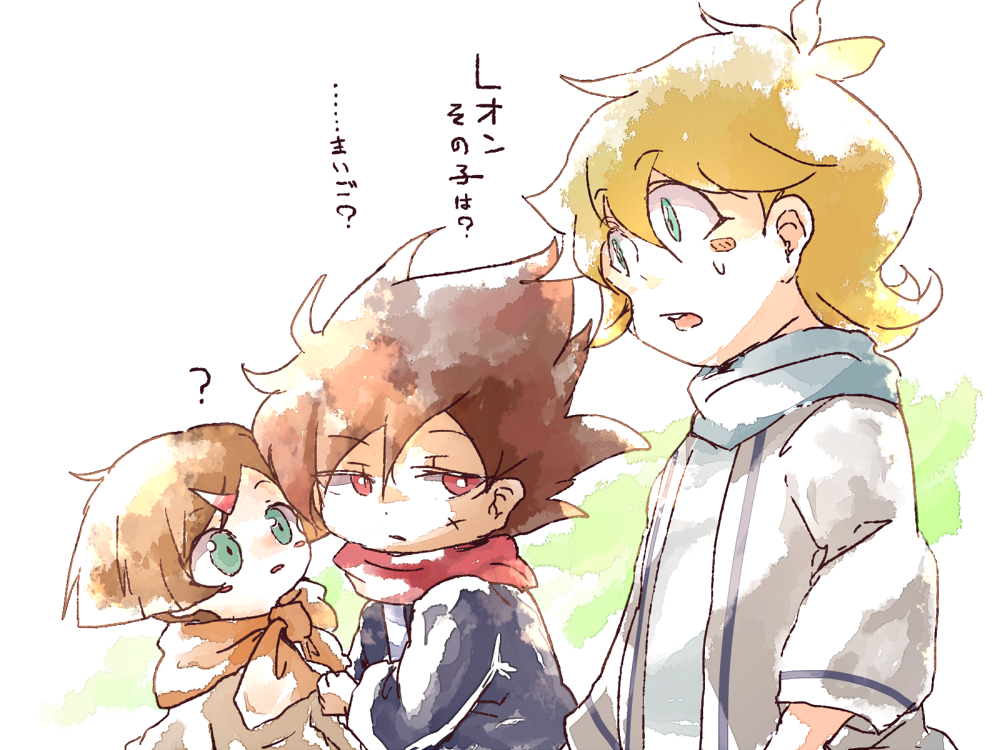 1girl, 2boys, alfonso_san_valiante, brown_hair, child, cousins, dress, female