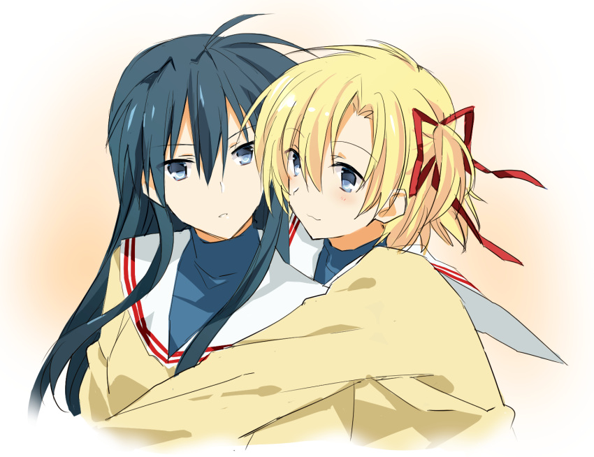 2girls, blonde_hair, blue_eyes, blue_hair, clannad, genderswap, highres, long_hair, multiple_girls, o.z._(okome1026okome), okazaki_tomomi, okazaki_tomoya, school_uniform, short_hair, side_ponytail, sunohara_youhei, sunohara_youko