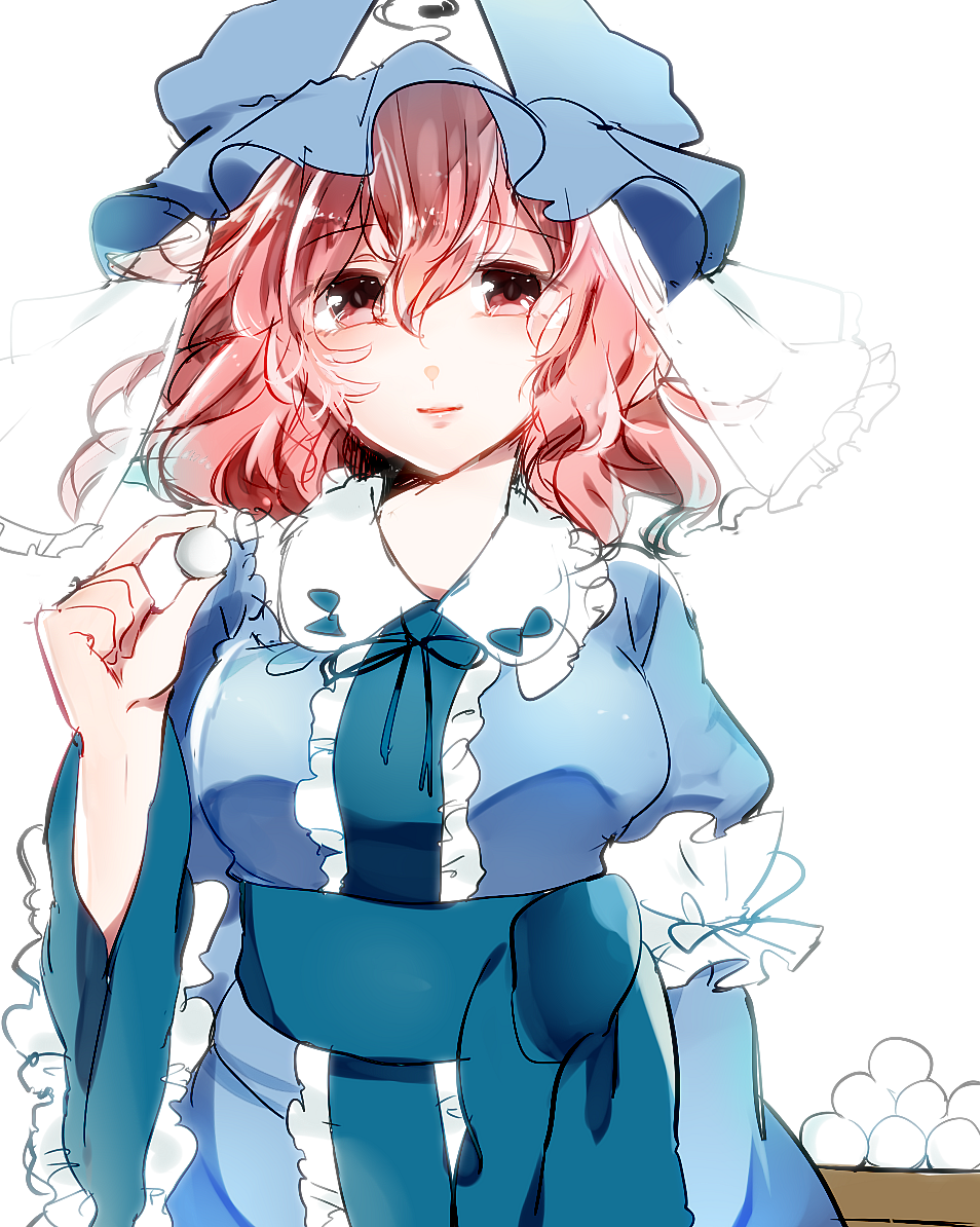 1girl, breasts, dango, food, hat, japanese_clothes, pink_eyes, pink_hair
