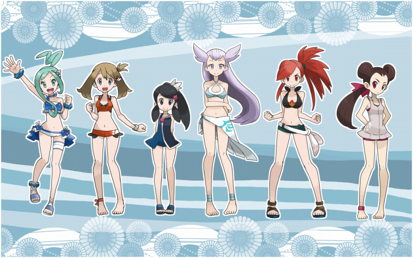 6+girls, ankle_cuffs, ankle_wraps, anklet, asuna_(pokemon), barefoot, bikini, black_eyes