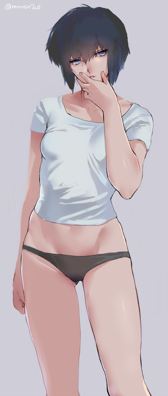 1girl, black_hair, black_panties, blue_eyes, ghost_in_the_shell, highres, katsuoboshi, kusanagi_motoko