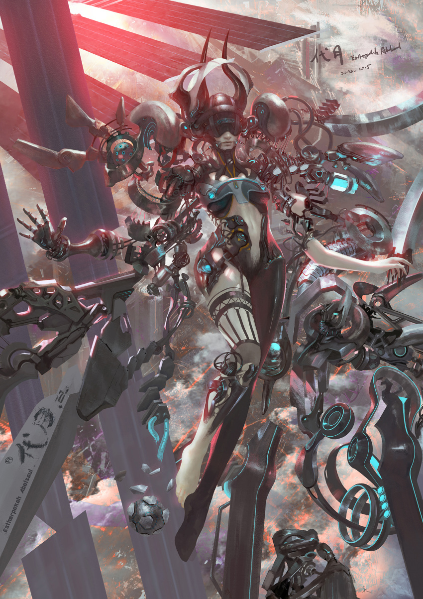 1girl, breasts, garter_straps, highres, horns, machine, mecha_musume, narcissus111