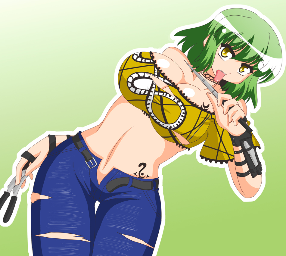 1girl, akasode_(tyaramu), belt, breasts, buckle, cleavage, commentary_request, green_hair