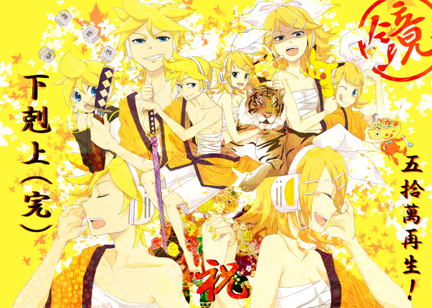 1boy, 1girl, bare_shoulders, blonde_hair, blue_eyes, closed_eyes, gekokujou_(vocaloid), hair_ornament