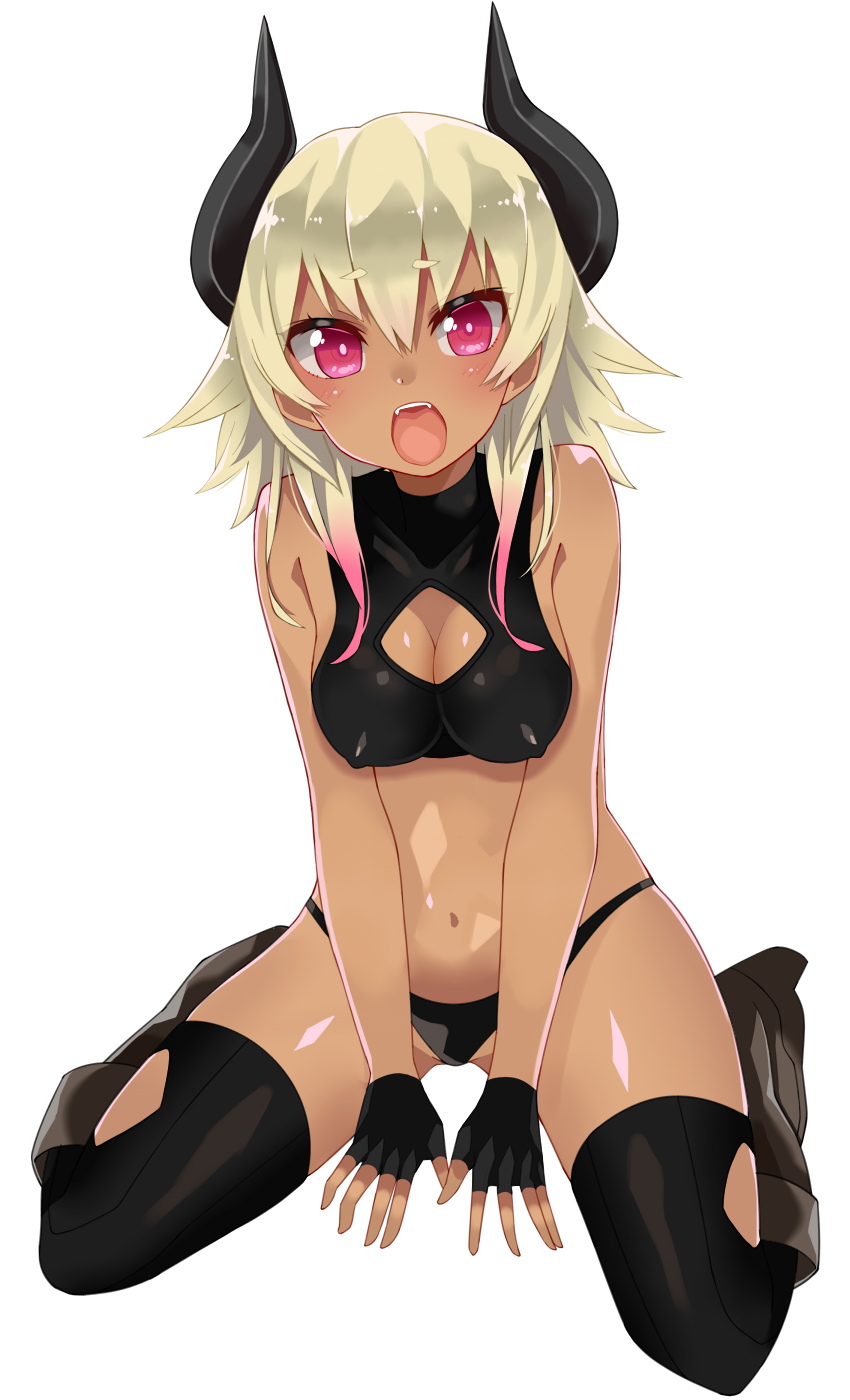 1girl, blonde_hair, breasts, cleavage, cleavage_cutout, dark_skin, fingerless_gloves, gloves