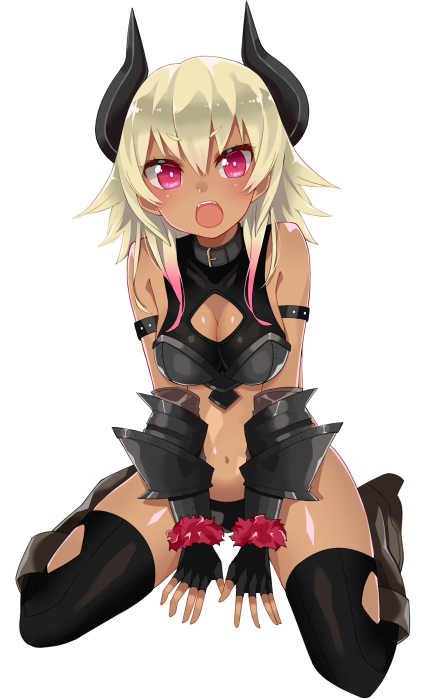 1girl, armor, blonde_hair, breasts, cleavage, cleavage_cutout, collar, dark_skin