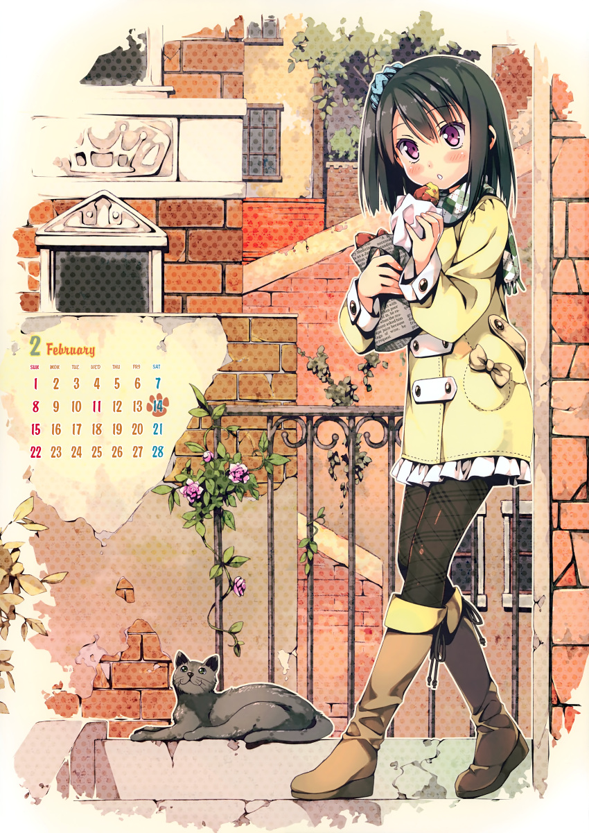 1girl, absurdres, argyle, argyle_scarf, black_hair, black_legwear, blush, boots