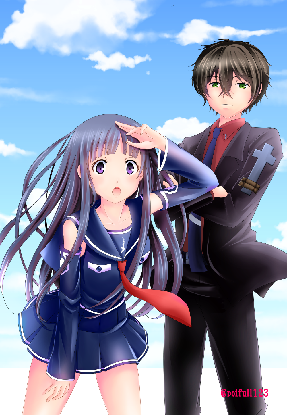 1boy, 1girl, aoki_hagane_no_arpeggio, black_hair, chihaya_gunzou_(cosplay), chitanda_eru, cosplay, crossed_arms