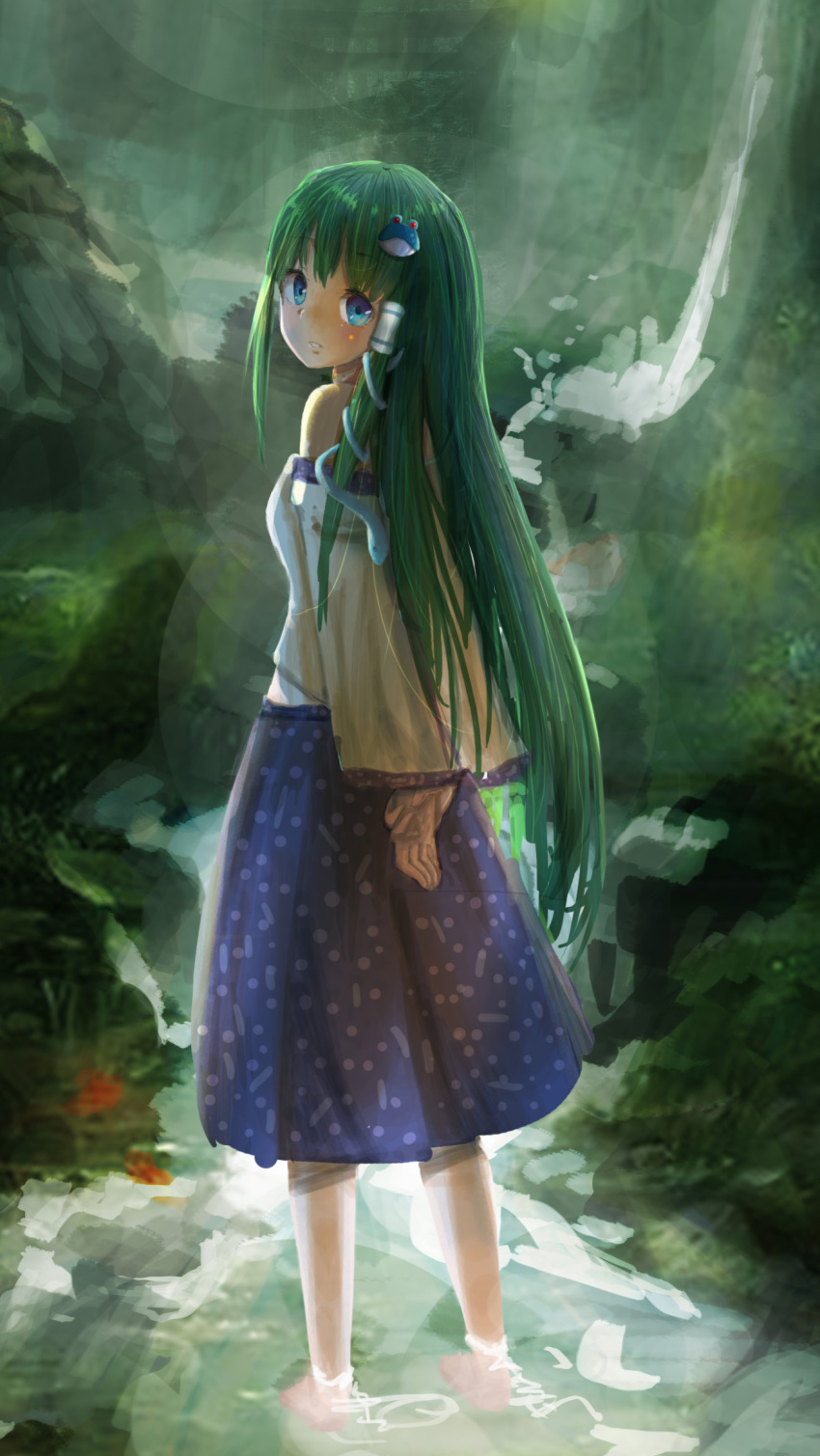 1girl, aki_tsui, arms_behind_back, backlighting, barefoot, blue_eyes, blue_skirt, breasts, detached_sleeves, fog, forest, frog_hair_ornament, grass, green_hair, hair_ornament, hair_tubes, highres, kochiya_sanae, legs, light_rays, long_hair, long_skirt, looking_at_viewer, looking_back, moss, nature, parted_lips, rock, rope, scenery, shimenawa, skirt, sleeveless, snake_hair_ornament, solo, stairs, stream, teeth, torii, touhou, tree, very_long_hair, wading, water, when_you_see_it, wrist_grab