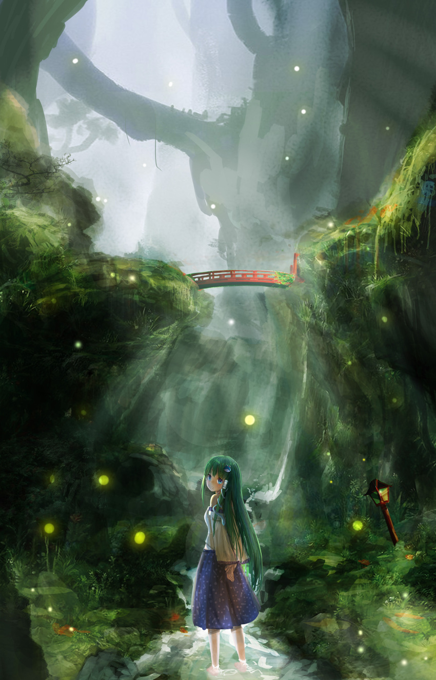 1girl, absurdres, aki_tsui, arms_behind_back, backlighting, barefoot, blue_eyes, blue_skirt, breasts, bridge, commentary_request, detached_sleeves, fireflies, fog, forest, frog_hair_ornament, grass, green_hair, hair_ornament, hair_tubes, highres, kochiya_sanae, legs, light_rays, long_hair, long_skirt, looking_at_viewer, looking_back, moss, nature, parted_lips, rock, rope, scenery, shimenawa, skirt, sleeveless, snake_hair_ornament, solo, stairs, stream, teeth, torii, touhou, tree, very_long_hair, wading, water, waterfall, when_you_see_it, wooden_lantern, wrist_grab