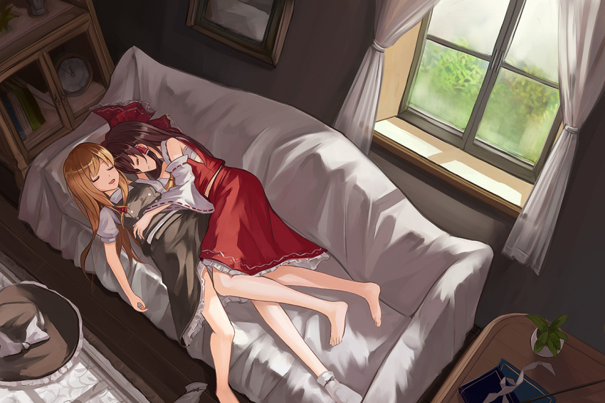 2girls, :d, barefoot, bed_sheet, blonde_hair, brown_hair, couch, couple, detached_sleeves, hakurei_reimu, happy, hat, hat_removed, headwear_removed, hug, indoors, kirisame_marisa, legs, long_hair, muireko, multiple_girls, open_mouth, sarashi, single_sock, skirt, skirt_set, sleeping, sleeping_on_person, smile, socks, touhou, vest, window, witch_hat, yuri