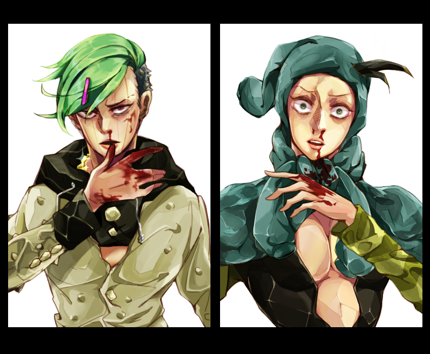 2boys, blood, blood_on_face, dainenjiyama_aishou, green_hair, higashikata_joubin, jojo_no_kimyou_na_bouken, jojolion