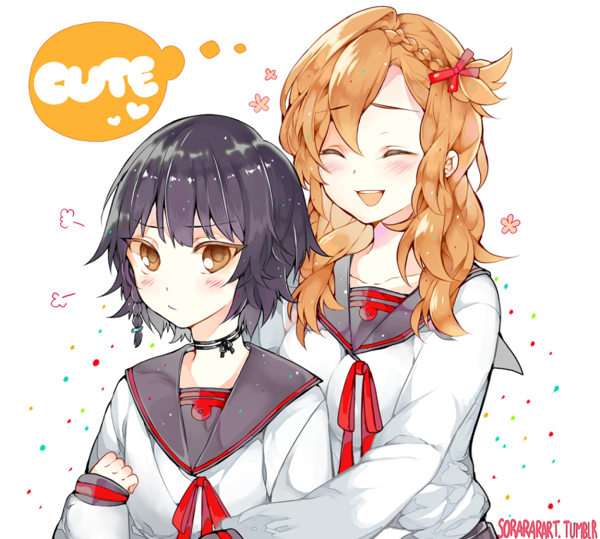 2girls, artist_name, blue_hair, braid, brown_eyes, brown_hair, choker, closed_eyes