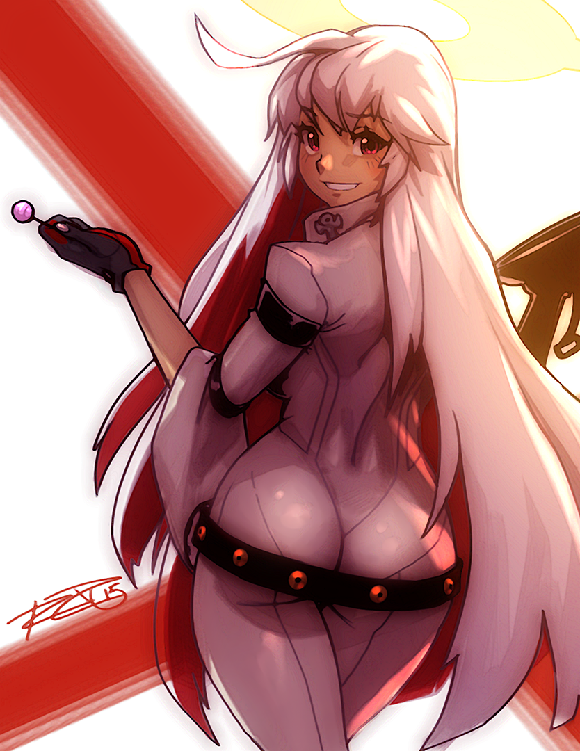 1girl, ahoge, ankh, arm_strap, ass, bangs, belt, beltskirt, black_gloves, blush, bodysuit, candy, commentary, cowboy_shot, from_behind, gloves, grin, guilty_gear, guilty_gear_xrd, halo, holding, jack-o_(guilty_gear), lollipop, long_hair, looking_at_viewer, looking_back, multicolored_hair, red_eyes, redhead, robert_porter, signature, skin_tight, smile, solo, studded_belt, two-tone_hair, very_long_hair, white_hair, wide_sleeves