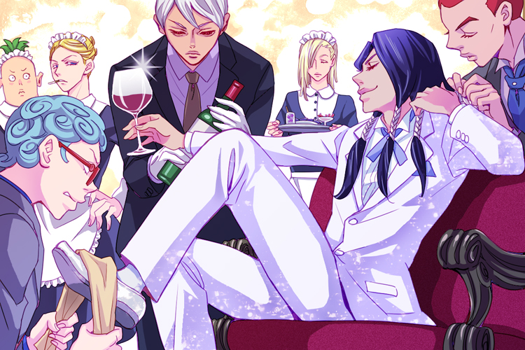 6+boys, 9lara, annoyed, blonde_hair, blue_hair, butler, chair, cigarette