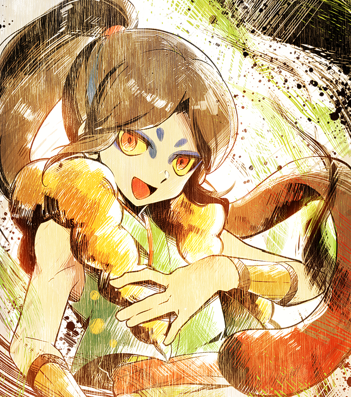 1boy, brown_hair, japanese_clothes, long_hair, looking_at_viewer, male_focus, oogama_(youkai_watch), open_mouth
