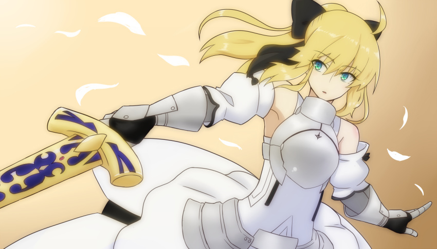 1girl, ahoge, armor, armpits, black_bow, blonde_hair, blown_petals, bow