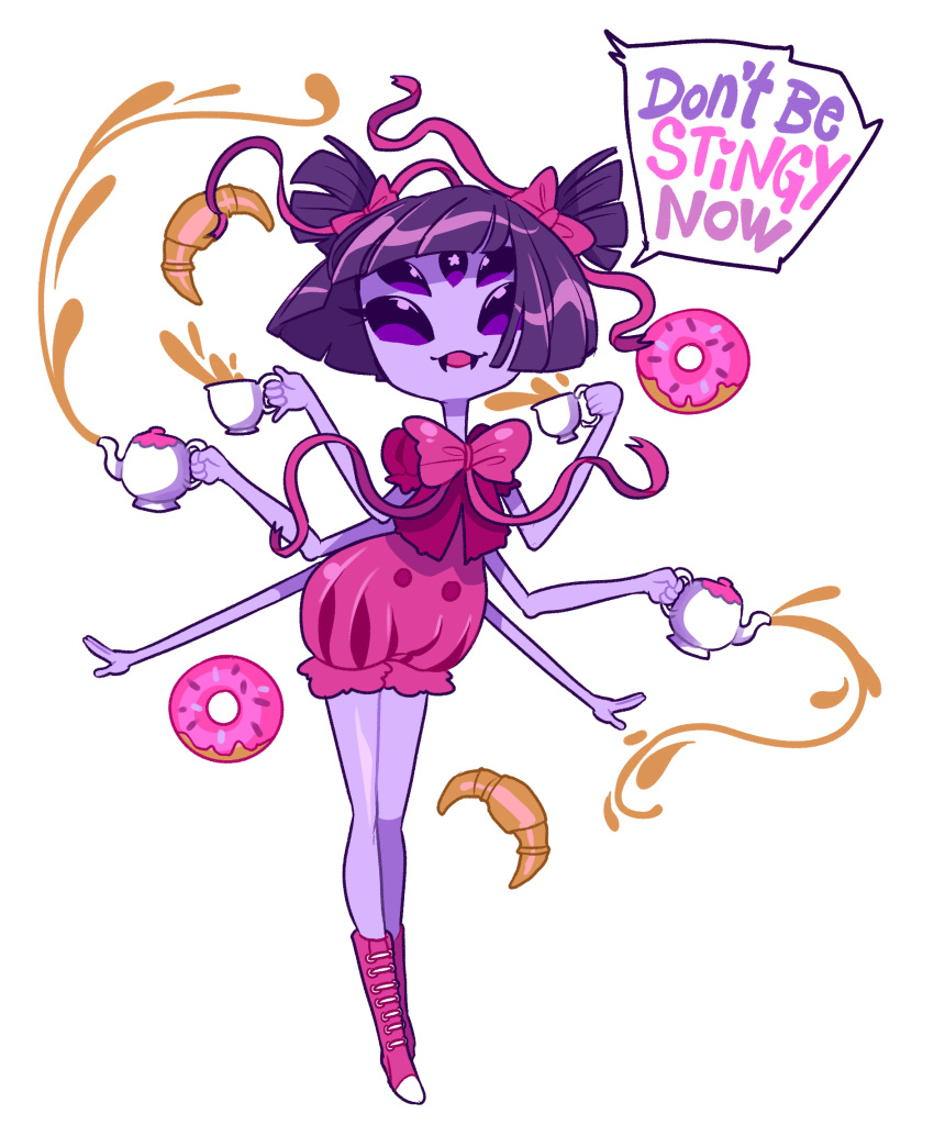 1girl, bow, commentary, croissant, cup, doughnut, english, extra_eyes