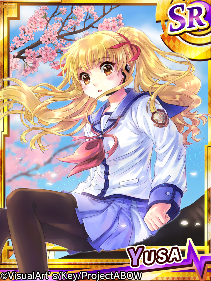 1girl, angel_beats!, blonde_hair, brown_eyes, cherry_blossoms, headset, long_hair, microphone