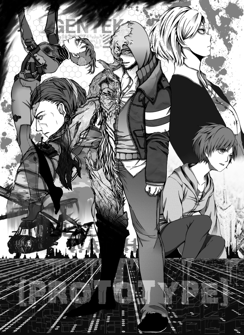 2boys, 3girls, alex_mercer, blood, blood_splatter, copyright_name, dana_mercer, elizabeth_greene