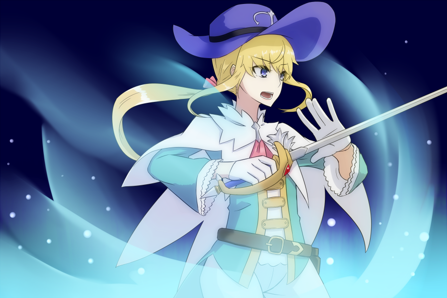 \||/, androgynous, belt, blonde_hair, blue_eyes, bow, capelet, commentary_request