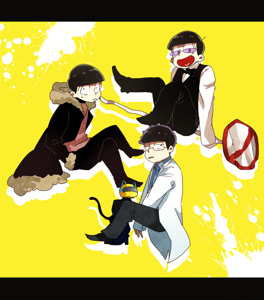 3boys, :<, bespectacled, black_hair, bowl_cut, bowtie, cat, celty_sturluson