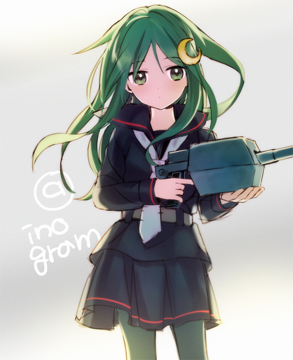 1girl, black_serafuku, black_skirt, crescent_hair_ornament, green_eyes, green_hair, grey_background, gun, hair_ornament, holding_weapon, inogashi, kantai_collection, long_hair, long_sleeves, looking_at_viewer, nagatsuki_(kantai_collection), neckerchief, pantyhose, pleated_skirt, school_uniform, serafuku, simple_background, skirt, solo, twitter_username, uniform, weapon
