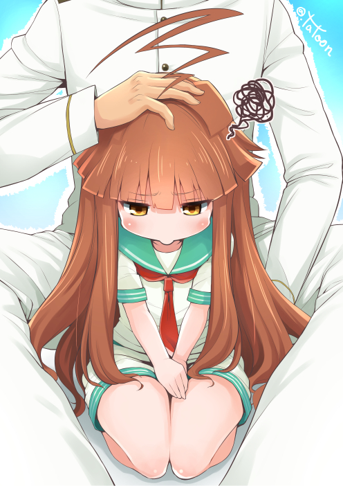 1boy, 1girl, admiral_(kantai_collection), ahoge, blush, brown_eyes, brown_hair, commentary_request