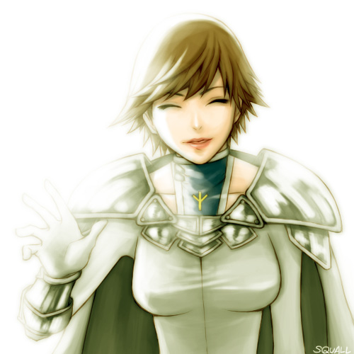 1girl, ^_^, armor, artist_request, bodysuit, brown_hair, cape, clarisse