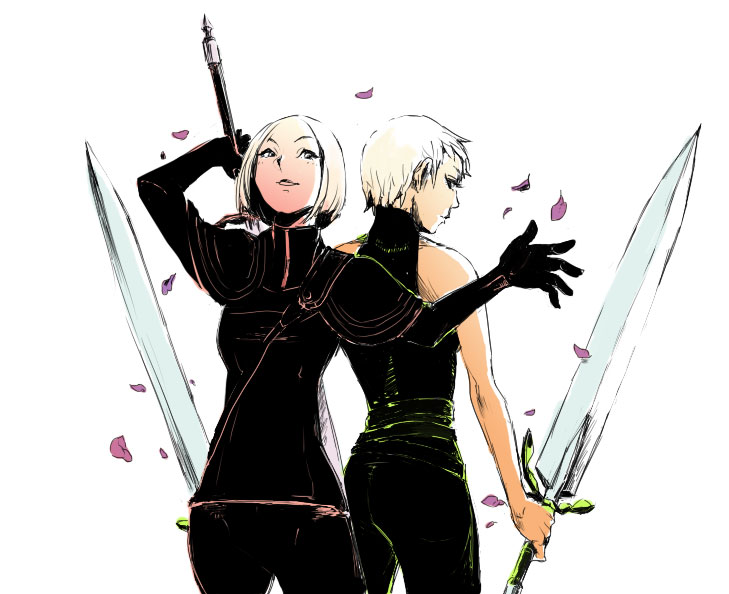 2girls, bare_shoulders, blonde_hair, claymore, deneve, dual_wielding, helen, leather