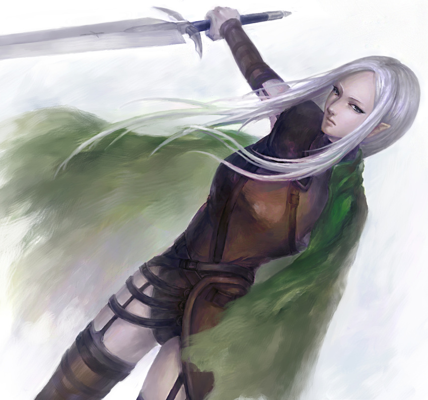 1girl, amputee, cape, claymore, claymore_(sword), crossing, garter_straps, highres